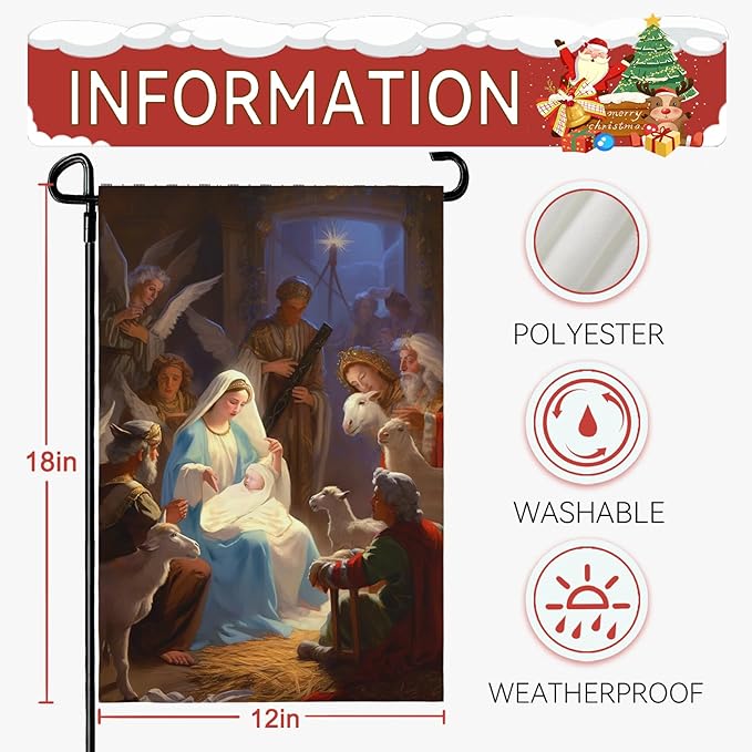 Nativity Garden Flags Religious Christmas Yard Flag Winter Catholic Jesus Garden Flag for Holy Night Outside Double Sided Home Yard Farm Xmas Decor Outdoor 12 x 18 In