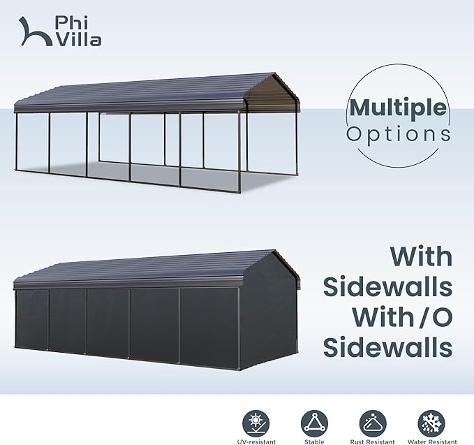 PHI VILLA 12 x 25 ft Heavy Duty Car Port with Galvanized Steel Roof with Sidewalls, Sturdy Metal Carport Kits for Cars, Boats, and Tractors