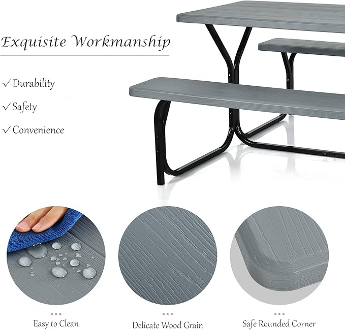 Giantex Picnic Table Bench Set Outdoor Camping All Weather Metal Base Wood-Like Texture Backyard Poolside Dining Party Garden Patio Lawn Deck Furniture Large Camping Picnic Tables for Adult (Gray)