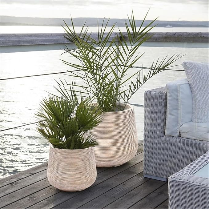 LuxenHome 17" Dia Round Planters for Indoor Plants, Large Outdoor Planters with Drainage Holes, Concrete Distressed Plant Pots Indoor & Outdoor for Home Garden Patio