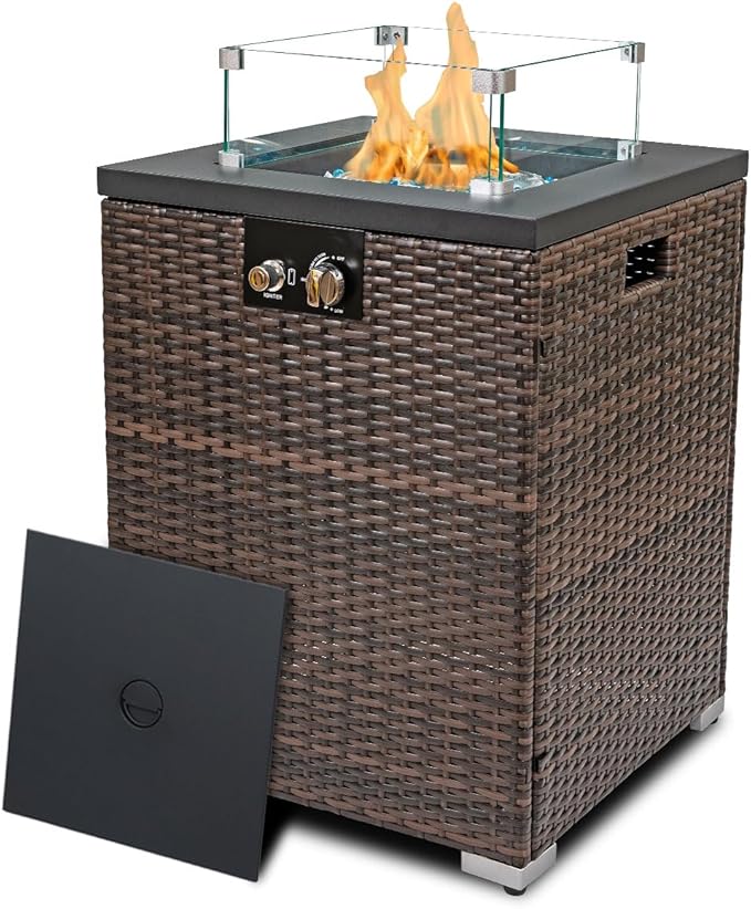 22in Outdoor Propane Gas Fire Pit Table, 40,000 BTU Auto-Ignition Gas Firepit with Glass Wind Guard, Painted Steel Tabletop, Mixed Color Glass Rocks, Brown PE Rattan