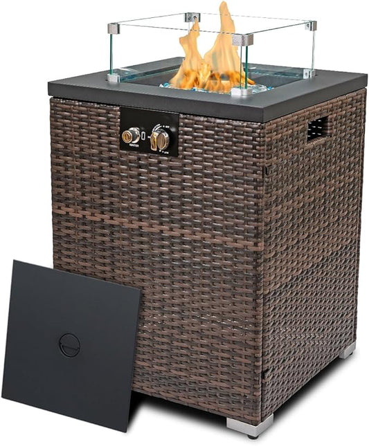 22in Outdoor Propane Gas Fire Pit Table, 40,000 BTU Auto-Ignition Gas Firepit with Glass Wind Guard, Painted Steel Tabletop, Mixed Color Glass Rocks, Brown PE Rattan