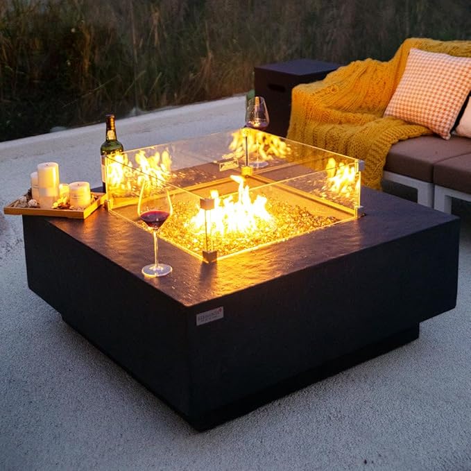 Bergen Concrete Fire Pit 40" x 40" Patio Firepit Includes Fire Glass Modern Fire Pits & Outdoor Fireplaces for Garden, Deck, Indoor & Outdoor Heating
