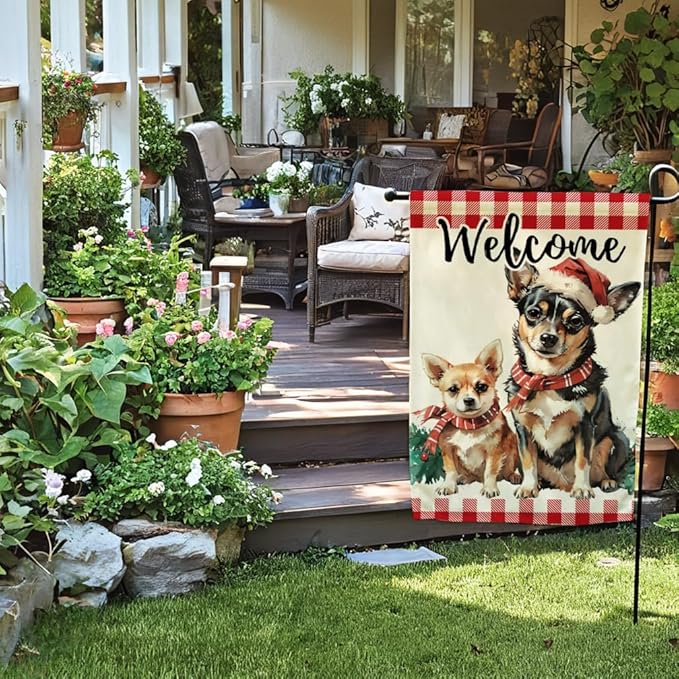 Christmas Dogs Garden Flag with Santa’s Hat Design Double Sided Farmhouse Welcome Decorative Small Burlap Flags 12.5 x 18 Inch for Winter Holiday Christmas Season Decor (Red)