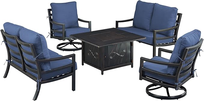 Oakland Living Black Aluminum Patio Fire Table Set with Two Deep Seating Loveseat with Cushions and Two Club Chairs with Blue Cushions
