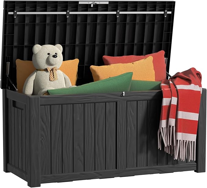 120 Gallon Outdoor Storage Box Waterproof, UV Resistant Resin Deck Box with Hydraulic Rod, Reinforced Stability for Patio, Garden, and Pool, Striped Black
