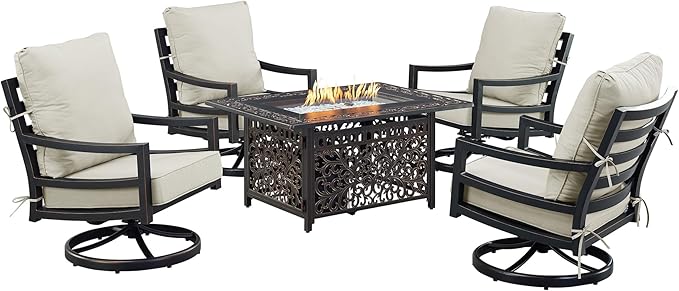 Oakland Living Black Aluminum Patio Fire Table Set with Four Club Chairs with Light Grey Cushions
