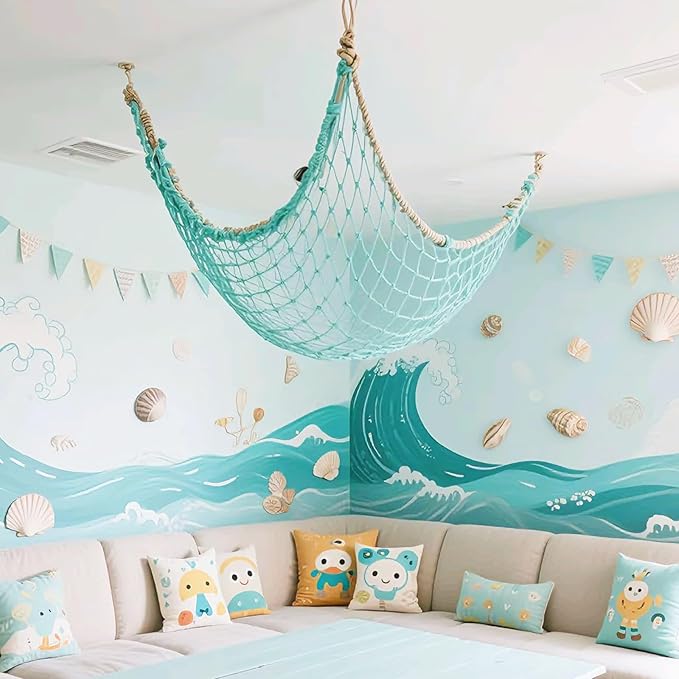 2 Pack Fish Net Decorations for Party, Natural Cotton Hawaiian Party Fishing Net Decorative, Nautical Themed Cotton Fishnet Under The Sea Pirate Ocean BeachHalloween Decor Blue