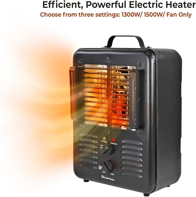 Comfort Zone Electric Portable Utility Space Heater with Adjustable Thermostat, Overheat Protection, & Tip-Over Switch, 1500W, CZ799BK