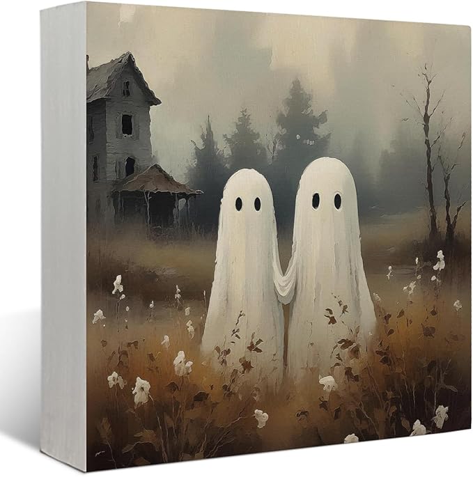 Mtrgdn Cute Halloween Decor,Halloween Decorations Indoor,Spooky Ghost Desk Decor Wooden Box Sign,Halloween Home Office Kitchen Bathroom Bedroom Coffee Bar Table Shelf Wall Decorations,5x5 Inch
