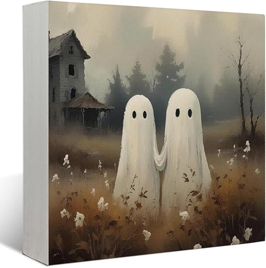 Mtrgdn Cute Halloween Decor,Halloween Decorations Indoor,Spooky Ghost Desk Decor Wooden Box Sign,Halloween Home Office Kitchen Bathroom Bedroom Coffee Bar Table Shelf Wall Decorations,5x5 Inch