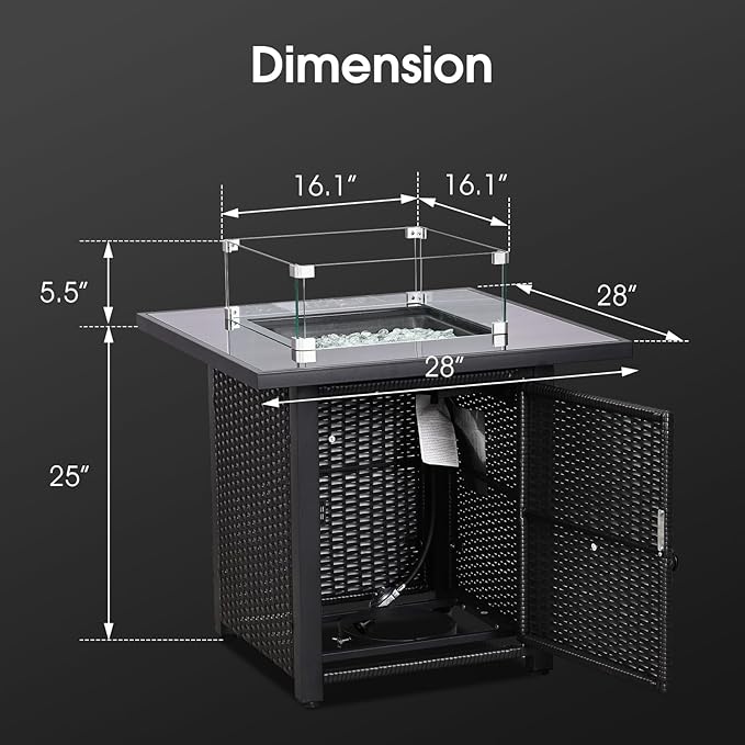 28'' Gas Fire Pit Table, Outdoor Square Fire Pit Table with Cover, Glass Wind Guard & Glass Rock, 60000 BTU Stainless Steel H-Burner Fire Pit Tables for Outside Patio Backyard Garden (Square)