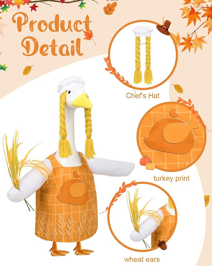 Halloween Porch Goose Outfits – Turkey Chef Goose Outfits for 23” Lawn Goose Statue, Cute Porch Goose Thanksgiving Outifts for Yard, Patio & Garden Decor