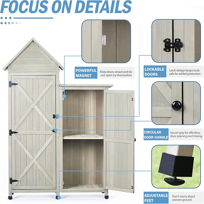 Outdoor Storage Cabinet - Waterproof Metal Roof & Wooden Vertical Design, Tall Garden Tool Shed with Multiple Shelves for Patio, Backyard, Lawn, Yard (Gray, 22" x 46" x 67")