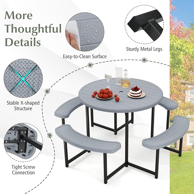 Giantex Picnic Table Bench Set for 4-8 Person, Round 37” Outdoor Dining Table w/Umbrella Hole, HDPE Tabletop, Metal Frame, Patio Furniture Set for Backyard Porch Lawn, 1400lb Capacity (Gray,Round)