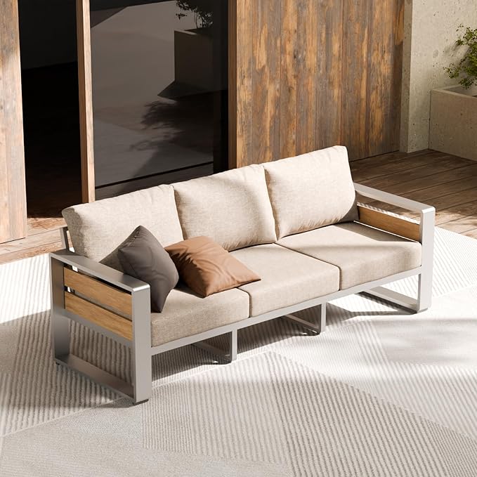 ZANDOR Aluminum Outdoor Patio Furniture - 1 Pcs 3-Seat and Coffee Table, All-Weather Metal Modern Outside Furniture with Washable Thick Cushion for Garden/Backyard/Porch, Silver