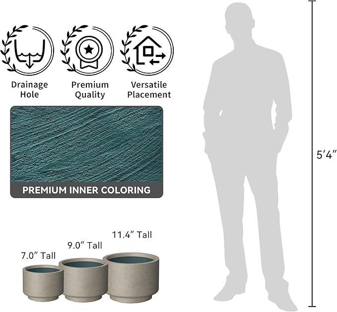 Kante 12.6 Inch Dia Concrete Planter, Round Pedestal Design Garden Pot for Indoor Outdoor Plants, Modern Flower Pot with Drainage Hole, Weathered Concrete Finish with Forest Green Interior