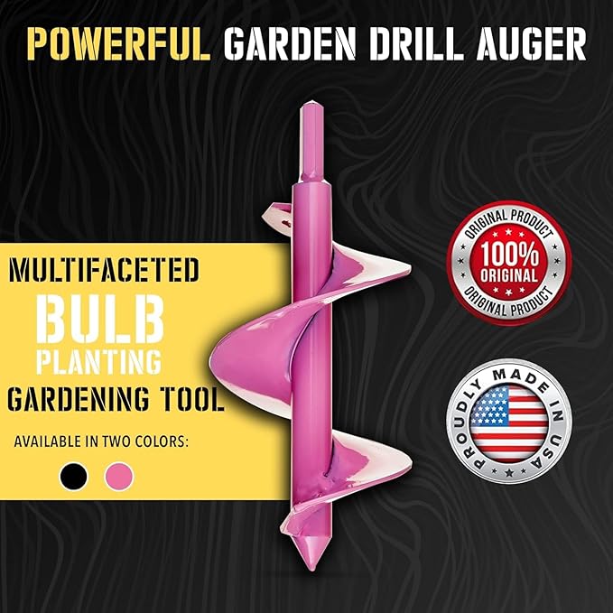 Power Planter Bulb Auger & Bedding Plant Tool - 3"x7" Garden Drill Bit with 3/8" Non-Slip Hex Drive, Hand-Welded Planting Tool, Up to 6" Deep, Pink
