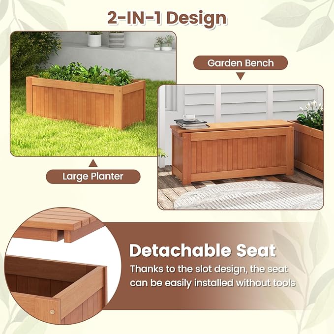 Giantex 3-in-1 Outdoor Bench with Large Raised Beds & 2 Planter Boxes, Wood Raised Garden Bed with Open Base, Weather-Resistant Deep Planter Boxes for Flowers Fruit Vegetable, DIY Assembly