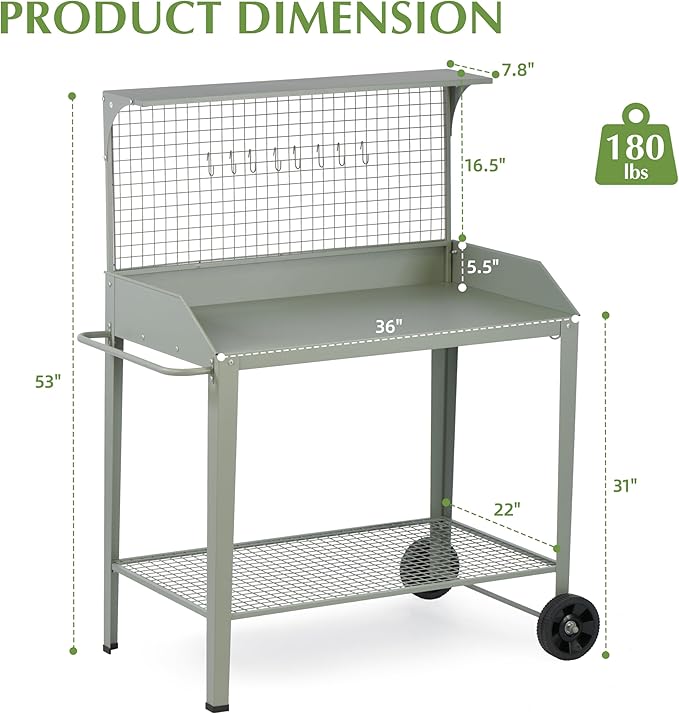 Outdoor Metal Potting Bench with Wheels, Heavy Duty Garden Workbench Table with Storage Shelf (Green, 52.8"x36.6")