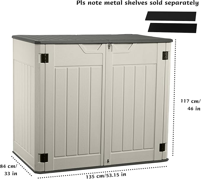 Horizontal Resin Storage Shed, 47 Cuft Garden Tool Sheds & Outdoor Storage, Outdoor Plastic Storage Cabinet Waterproof, 4.5 x 2.8 ft Backyard Outside Lawn Mower Storage Shed, Vanilla