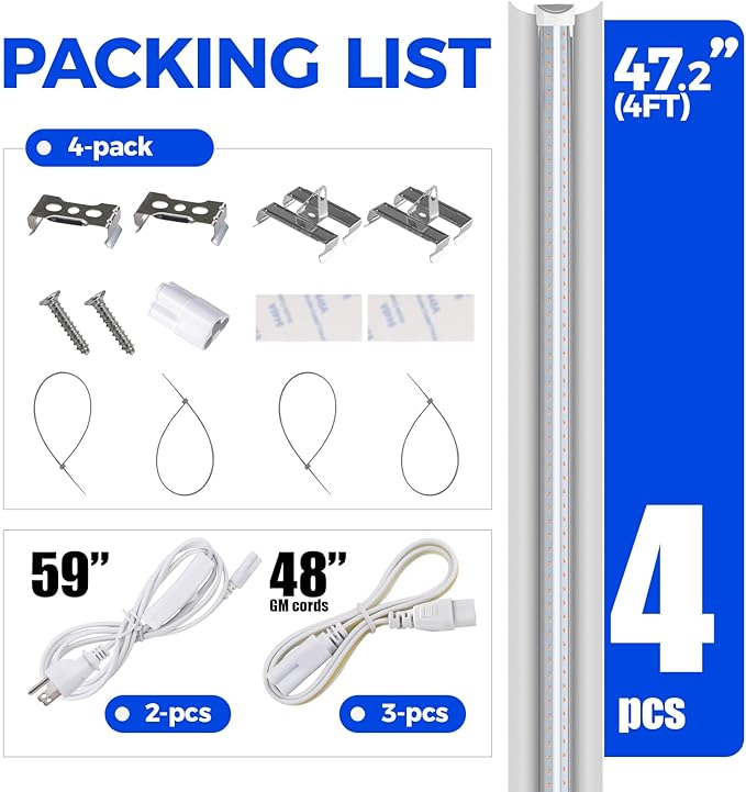 Barrina LED Grow Light 4FT, 168W(4 x 42W), Full Spectrum Plant Light, V-Shape with Reflector, Grow Lamp Strip, Plant Lights for Indoor Plants, 4-Pack