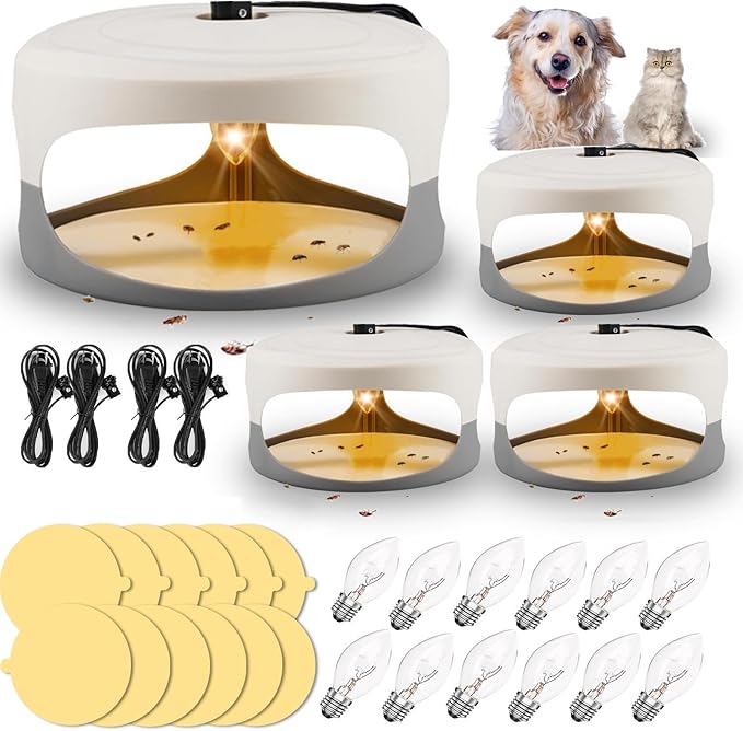 4 Packs Flea Traps for Inside Your Home, Effective Flea Trap for Home & Garage with 12 Sticky Disc 12 Bulbs 4 Electric Wires Bed Bug with Light for Indoor Safe to Pets