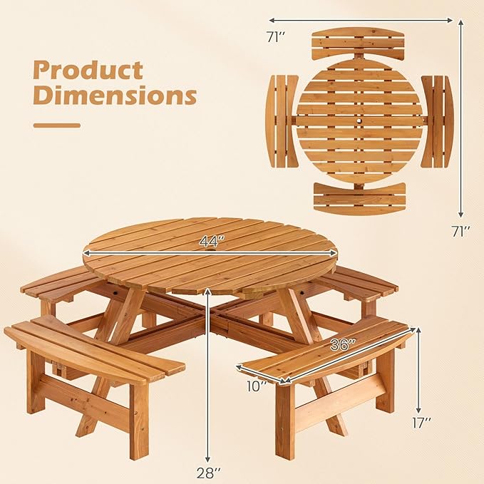 Giantex 8-Person Round Picnic Table Set with 4 Benches, 550 LBS Bench Capacity, 2" Umbrella Hole, Circular Outdoor Wood Dining Table & Chairs for Patio Yard Garden Porch Deck (71”x71”x28”,Yellow)