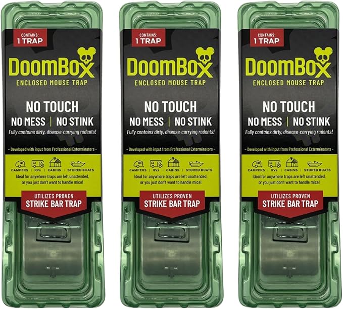 DoomBox™ Green Enclosed Mouse Trap | Keeps The Mess with The Mouse | Patented Click-It™ Closure Technology | Safe for Kids & Pets | Certified Child Resistant | Made in USA (3-Pack Green)