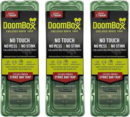 DoomBox™ Green Enclosed Mouse Trap | Keeps The Mess with The Mouse | Patented Click-It™ Closure Technology | Safe for Kids & Pets | Certified Child Resistant | Made in USA (3-Pack Green)