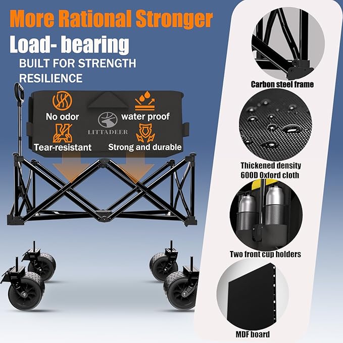 Collapsible Wagon Cart with Silent All-Terrain Wheels, Foldable Heavy Duty Beach Wagon with 330LB,Folding Cart with Cup Holders and Brakes for Camping, Garden,Shopping,Sports Black