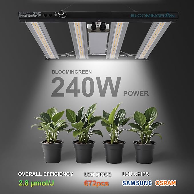 BLOOMINGREEN LED Grow Light for Indoor Plants Full Spectrum, 240W Plant Growing Light with Samsung Diodes, Plant Grow Lamp for Greenhouse Veg Seed, 4-Level Brightness Dimmable, Coverage 2X2/3X3FT