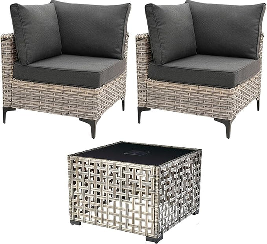 HOOOWOOO 3 Pieces Outdoor Patio Sectional Sets with 2 Single Arm End Corner Chairs and an LED Table,Black