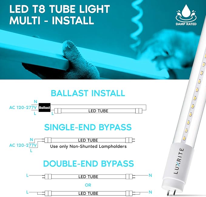 LUXRITE 25-Pack 4FT T8 LED Tube Light, Ballast and Ballast Bypass Compatible, 13W=32W, 3000K Soft White, Clear Cover, Single-End or Double-End Powered, Damp Rated, UL Listed