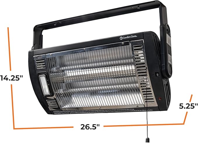 Comfort Zone CZQTV5M 750/1,500-Watt Ceiling Mounted Dual Quartz Radiant Heater with 90-Degree Adjustable Tilt, Metal Safety Grille, Overheat Protection (Hardware Included), Black