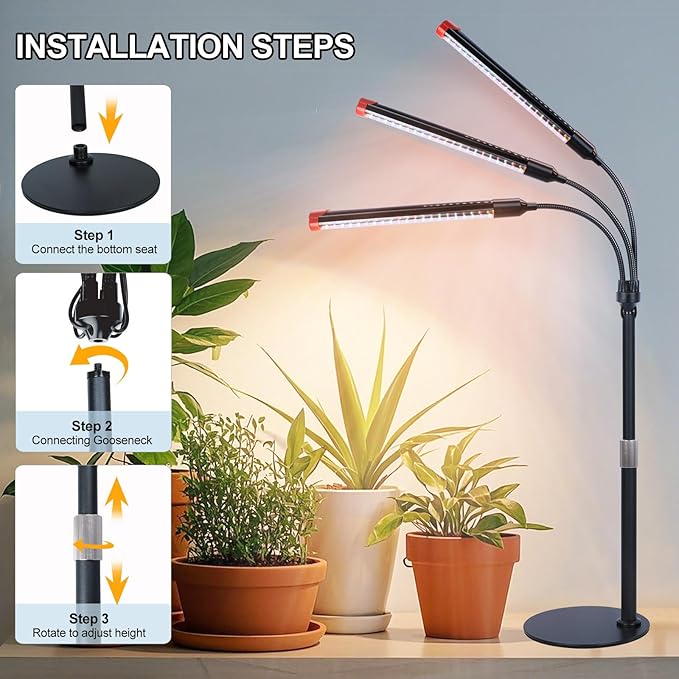 3Head Table Top Grow Lights for Indoor Plants, Seed Starting, Vegetables, Bonsai with Auto On/Off Timer 4/8/12H, 27W Power Full Spectrum Desk LED Plant Growing Lamps, 360° Gooseneck