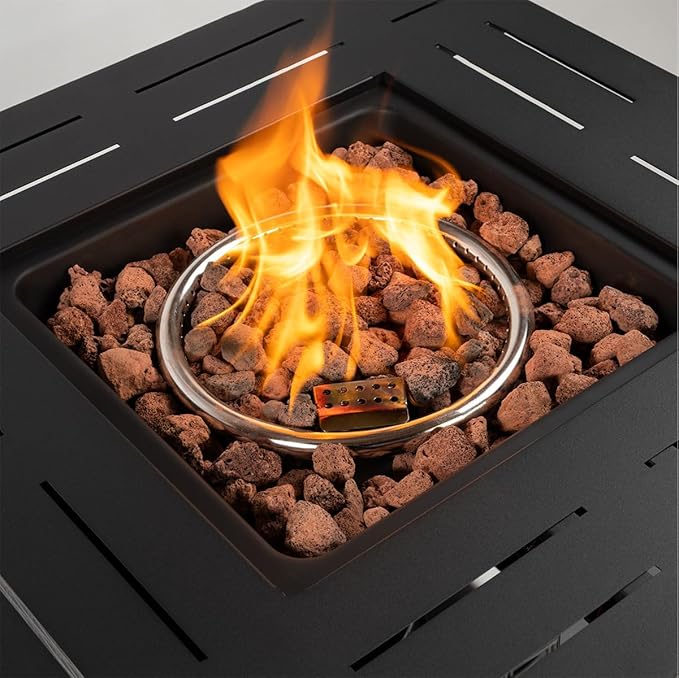 28'' Propane Fire Pit Table, 50,000 BTU Fire Table with Steel Lid, Big Legs, Laval Rocks.