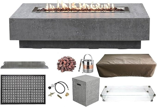 Elementi | Bundle Hampton Gas Fire Pit Cast Concrete 56" Rectangular Fire Table, Outdoor Fire Pit Electronic Ignition | Canvas Cover, Lava Rock Included | Light Gray (Propane Gas)