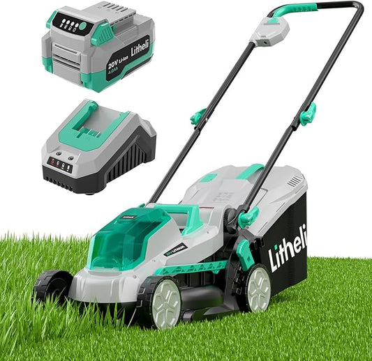 Litheli 13.1inch Electric Lawn Mower Cordless,Grass Cutter Machine for 1600 Sq.Ft.Lawnmower with Brushless Motor, 8 Gallon Capacity, Cutting Height from 1 to 2.5 in, Includes 1X4.0 Ah Battery