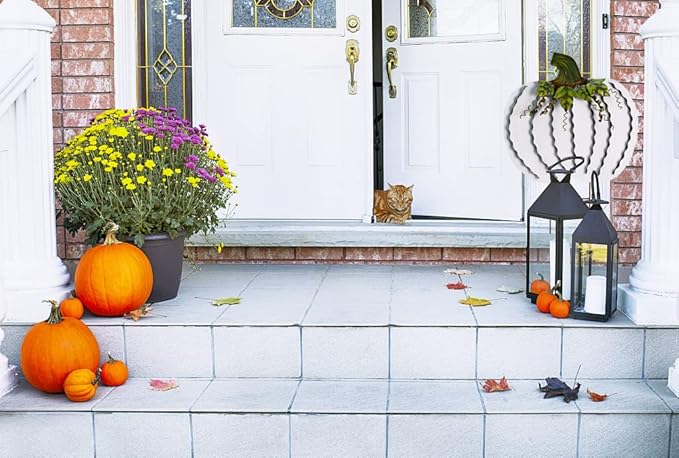 Morning View Pumpkin Garden Stakes Metal Yard Sign Fall Decor Outdoor Autumn Yard Stake Art Pumpkin Lawn Ornaments for Patio Porch Thanksgiving Halloween Harvest 30 Inches Tall Set of 2(White)