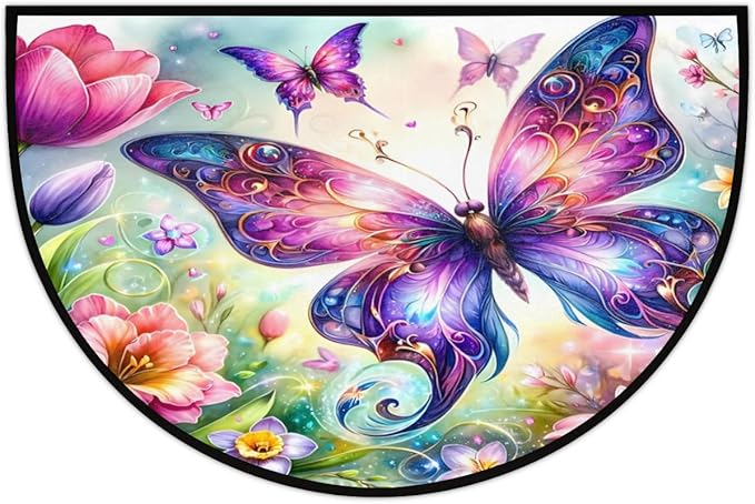cfpolar Non-Slip Soft Half Round Door Mat, Butterfly Flower Semicircle Mat for Indoor Entrance Garage Bath Living Room Patio 24 x 36 in