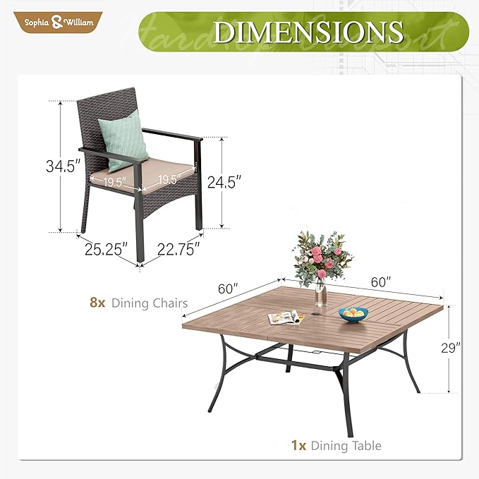 Sophia & William 9 Pieces Patio Dining Set for 8, Square Outdoor Table with Umbrella Hole, 8 Rattan Chairs with Cushions, Large Patio Table and Chairs Set
