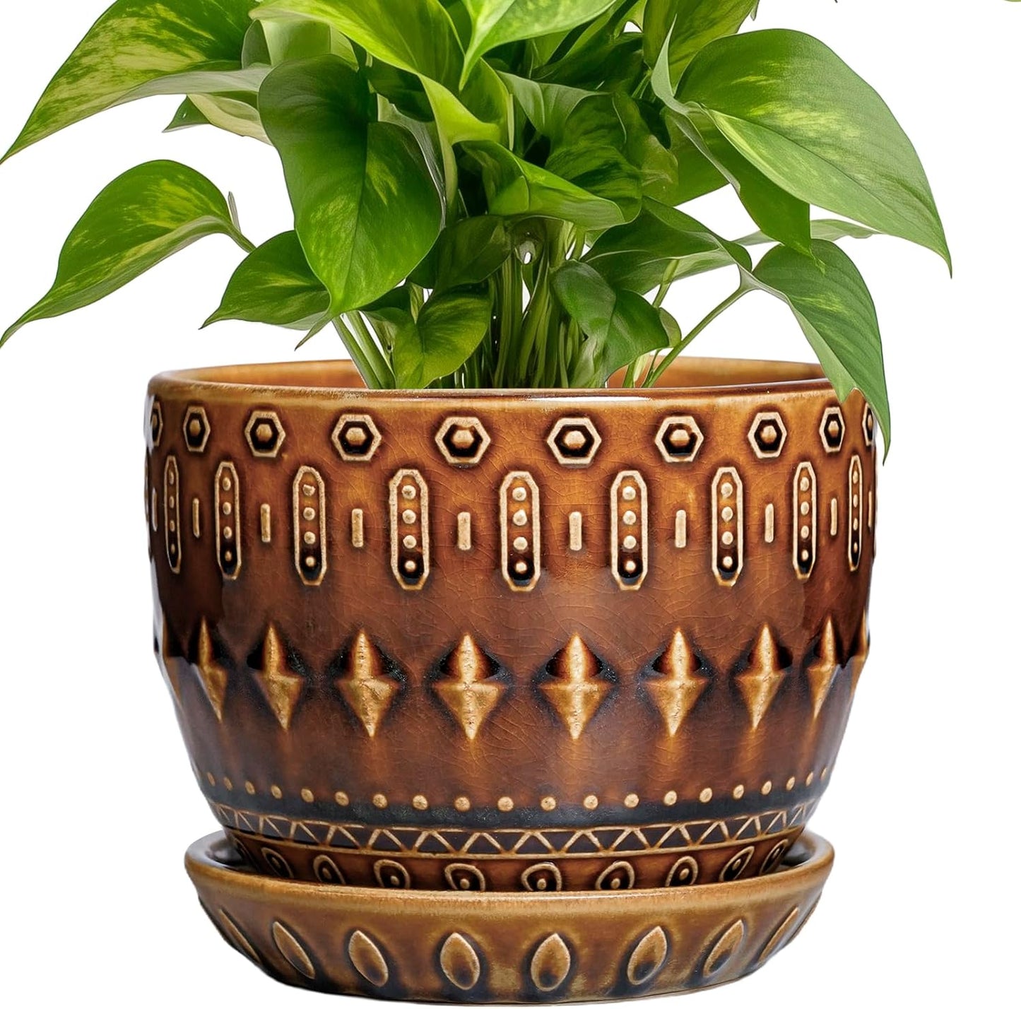 G EPGardening 5.5 Inch Plant Pot - Ceramic Planter for Indoor Outdoor Plants, Boho Round Indoor Flower Pot with Drainage Hole and Saucer, Housewarming Gifts, Garden Home Room Decor, Brown