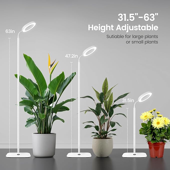 Grow Lights for Indoor Plants,Floor Lamp with 63IN Stand,Full Spectrum,10 Dimming,Halo Ring Warm Light, 3/9/12H Timer,Height Adjustable,Metal Stable Base Growing Light for Tall Small Plant