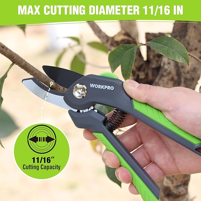 WORKPRO 8.5" Anvil Pruning Shear, Heavy Duty Garden Scissors & Clippers with Labor-Saving Design, Handheld Gardening Shears with Ergonomic Handle for Thick Branch Trimming