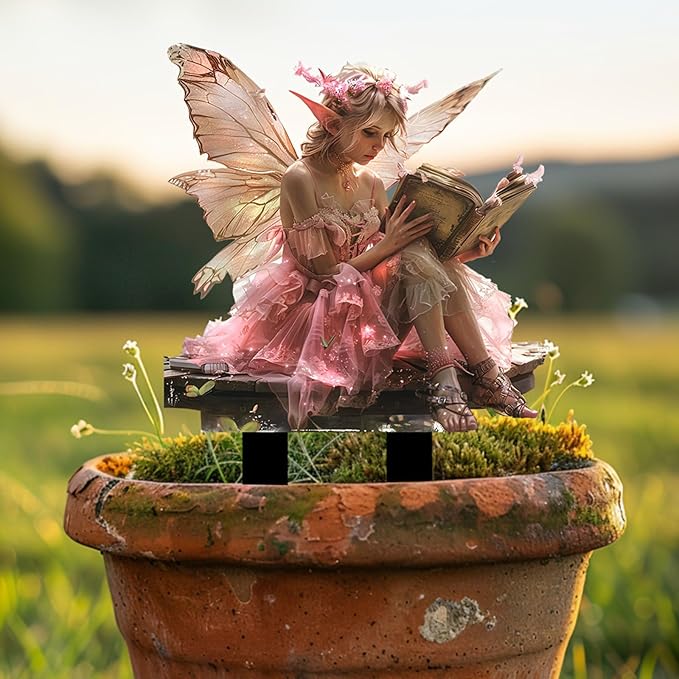 Fairy Garden Stake Decor, 2D Flat Acrylic Fairy Garden Decor Panel, Elf Yard Sign for Outdoor Indoor Yard Lawn Plants Pots, Fairy Backyard Accessories (Pink Fairy Reading a Book)