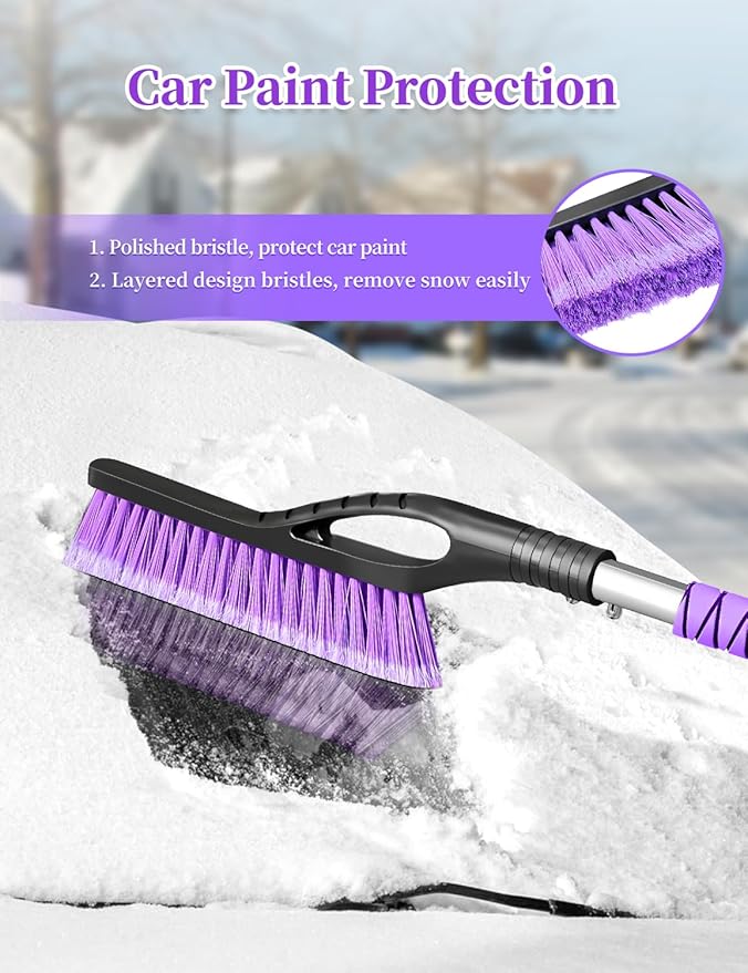 HEEYA 2 Pack 27 Inch Ice Scraper and Brush for Car, Snow Brush and Ice Scraper with Foam Grip, Detachable Snow Scraper for SUV Truck Jeep Vehicle Auto Windshield Window - Purple & Pink