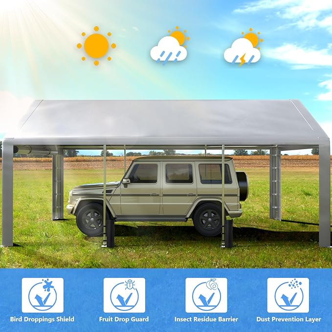 Carport 13x21ft Heavy Duty Large Outdoor Storage Shed with Roll-up Windows, Portable Garage w/Removable Sidewalls & Doors, Car Canopy Tent w/Sandbags & Tarp for Car Boat Truck