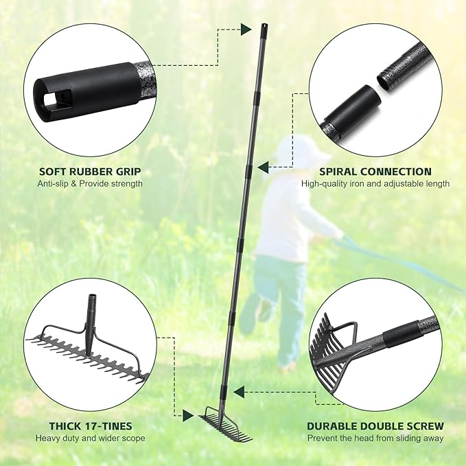 60'' Heavy Duty Garden Rake with Stainless Steel Handle, Metal Head for Loosening Soil, Gathering Leaves, Leveling Lawns