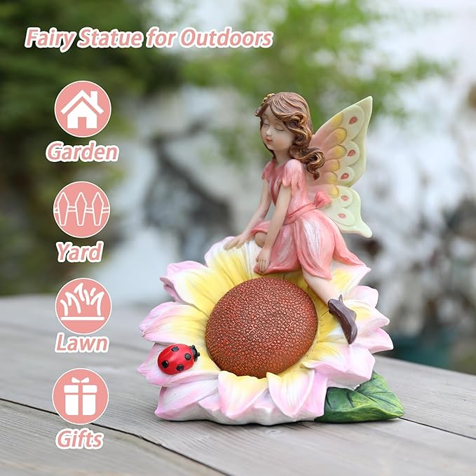 Fairy Garden Statues Outdoor Decor, Solar Fairy Lights Outdoor Sunflower Decor Lawn Ornaments Resin Sculptures Fairies Garden Decor for Outside Yard Art Patio Porch, Gifts for Women Mom